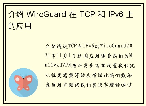 介绍 WireGuard 在 TCP 和 IPv6 上的应用 